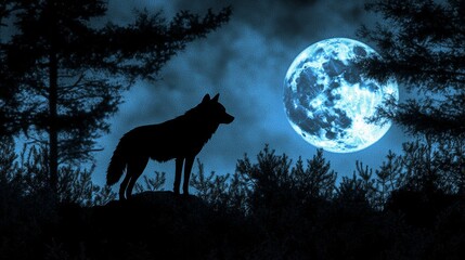 Wolf and Moonlit Forest Border Frame: Great Copy Space for Celebrating Nocturnal Wildlife on World Wildlife Day - Amazing Photo Stock Concept with Illustrations