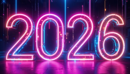 Glowing neon numbers 2026, with a dark background. Colorful lights create a vibrant atmosphere. The concept of a futuristic vision