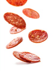 Obraz premium Pepperoni Slices Falling: A Vibrant Culinary Snapshot