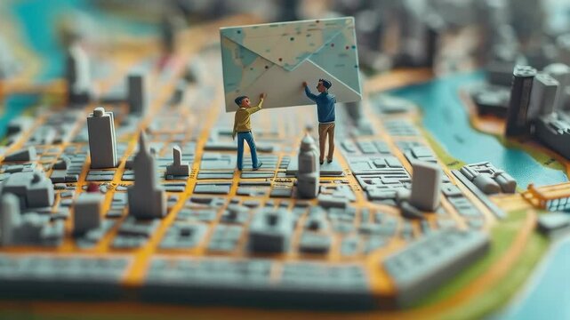 miniature people navigate a mail through GPS city map of the USA, their tiny figures holding a massive white envelope