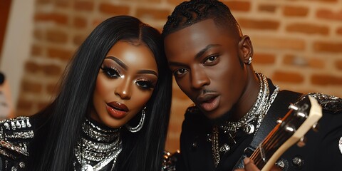 Duo Performs Music; Brick Wall Background