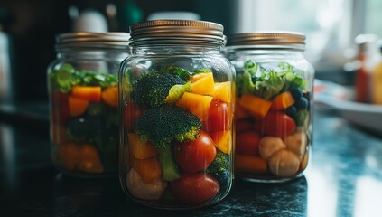 A pristine refrigerator with clear storage containers arranged neatly, stocked with fresh fruits, vegetables, and healthy ingredients, showcasing modern kitchen organization