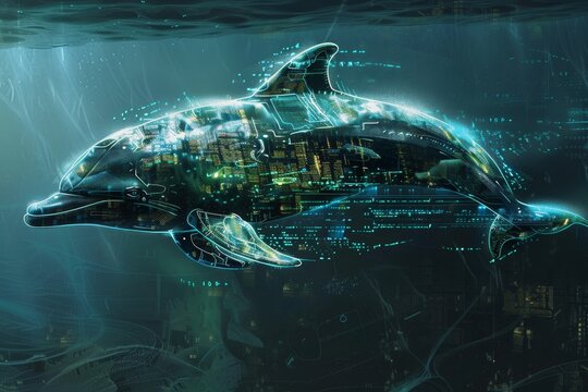 A person wearing a VR headset interacts with a futuristic holographic display of a cybernetic dolphin, A futuristic interpretation of a cybernetic dolphin swimming in a digital ocean