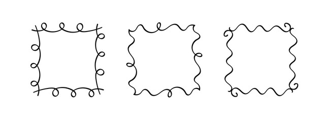 Square doodle stamp frames, hand-drawn wavy curly monograms. Edgings and cadres with simple sketchy scribble swirl design elements. Isolated. Vector illustration.