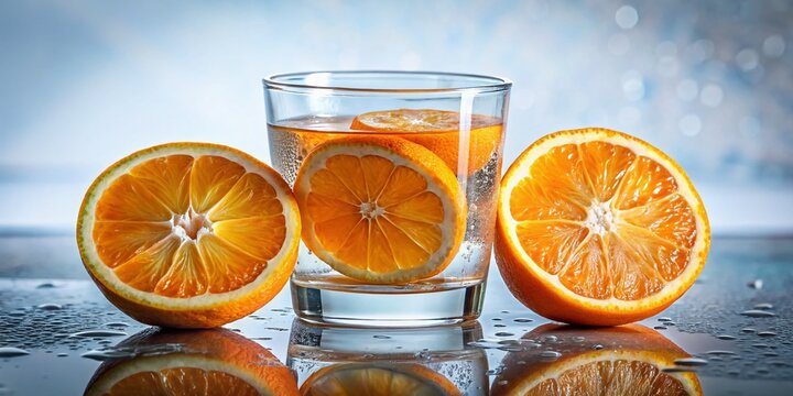 Citrus Refresher: A close-up shot captures vibrant orange slices artfully arranged around a clear glass filled with water and more orange pieces, evoking a sense of cool refreshment and natural zest.