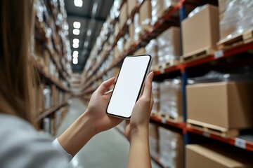 A warehouse logistics worker scans storage shelves with a handheld scanner and smart device to monitor real-time inventory data