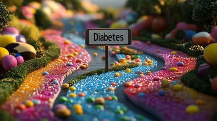 An artistic depiction of a colorful river landscape featuring a sign marked 'Diabetes', symbolizing health awareness.