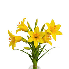 A vibrant bouquet of yellow lilies with green stems and buds, perfect for any floral arrangement.