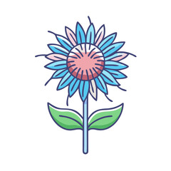 A vibrant illustration of a stylized blue and pink flower with green leaves