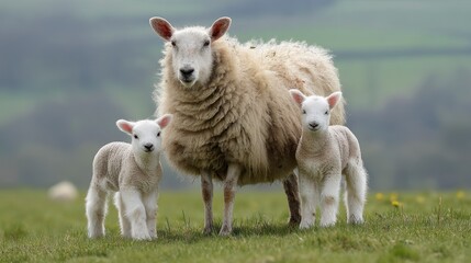 Obraz premium Ewe and Two Lambs: A Pastoral Springtime Scene