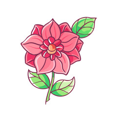 Beautiful Pink Flower with Green Leaves Delicate Botanical Illustration