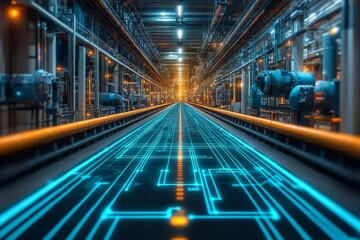 Fototapeta premium A next-gen manufacturing plant's cutaway view in ultra-high resolution concept art, featuring interconnected heating, ventilation, and water pipes with glowing outlines