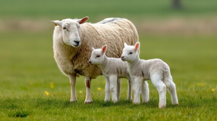 Obraz premium Mother Sheep and Two Lambs in Spring Pasture: A Pastoral Scene