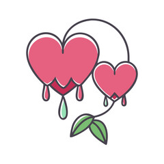 Lovely illustration of two pink heart shaped flowers dripping with love on a single stem with leaves