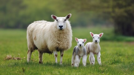 Obraz premium Serene Ewe and Lambs in a Verdant Pasture: A Pastoral Scene