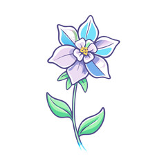Delicate Blue and Purple Flower with Green Stem and Leaves Botanical Illustration