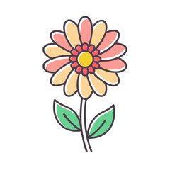 A cheerful illustration of a blooming flower with pastel petals and green leaves