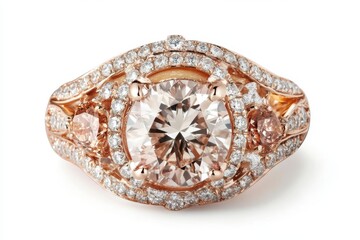 Fototapeta premium Rose gold diamond ring close up on white background 