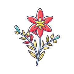 A vibrant illustration of a stylized floral bouquet featuring a prominent red flower with yellow center and accompanying foliage