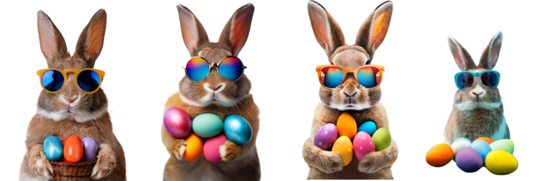 Fun rabbits wearing sunglasses and holding colorful eggs for a festive atmosphere.