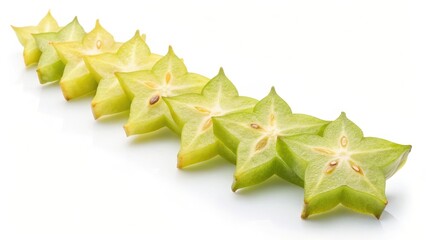 Fototapeta premium Star Fruit Slices: A vibrant arrangement of fresh star fruit slices, showcasing their unique star shape and juicy, tropical essence, perfectly aligned to entice and delight.