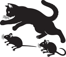 Jumping Cat On Mouse Scene in dynamic silhouette vector illustration bundle for predator play moment