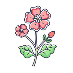 Charming illustration of a pink flower with green leaves and a bud