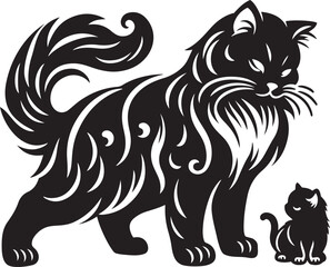 Elegant Mother Cat With Kitten in loving silhouette vector illustration bundle for maternal pet lovers