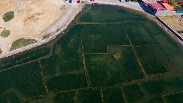 Underwater archaeological site Olous Crete ancient city with foundations visible. Aerial