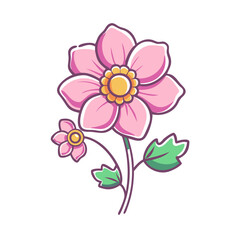 A Delicate Pink Flower with Green Leaves Botanical Illustration