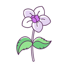 A Delicate Drawing of a Lovely Light Purple Flower with Green Leaves on a White Background