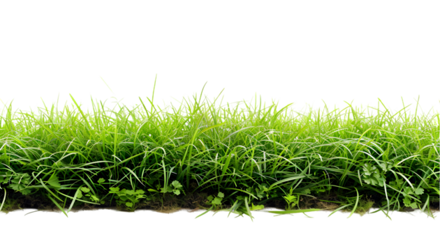 A close up view of a patch of green grass with a black background and some small plants growing