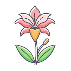 A Delicate Pink Lily Flower with Green Leaves and an Orange Bud Botanical Illustration
