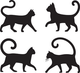 Walking Cat With Arched Tail in alert silhouette vector illustration bundle for curious feline motion