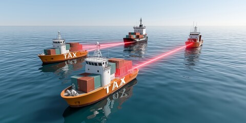 Fototapeta premium TAX War tariff concept. Cargo ships scanned in a symbolic scene.