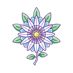 Beautiful illustration of a vibrant passionflower with purple and light blue petals and green leaves
