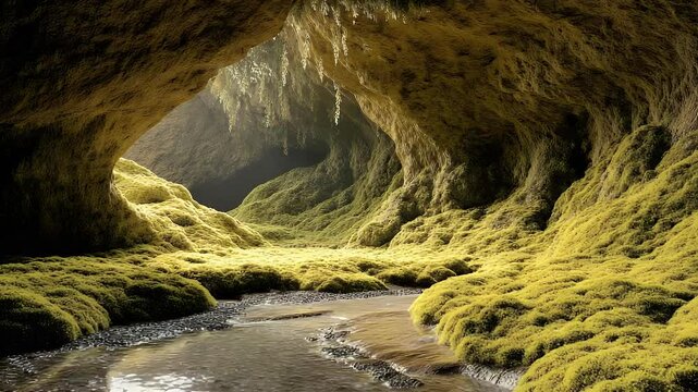 A cave with moss covered rock formations. Water streams through the cave. Light filters into the entry