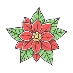 A Vibrant Red Poinsettia Christmas Flower with Lush Green Leaves Detailed Illustration