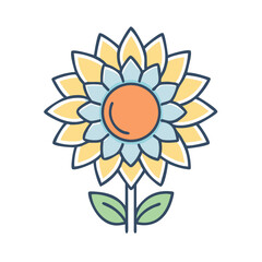 A cheerful cartoon drawing of a stylized sunflower with light blue petals and yellow rays a simple green stem and leaves