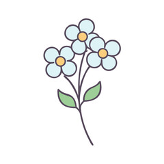 Three Delicate Light Blue Flowers with Green Leaves on a Single Stem a Simple Floral Illustration