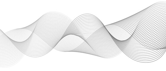 Fototapeta na wymiar Minimalist abstract wave design consisting of smooth, flowing black and gray lines on a white background. Modern digital and geometric technology themes & data visualizations, scientific concept