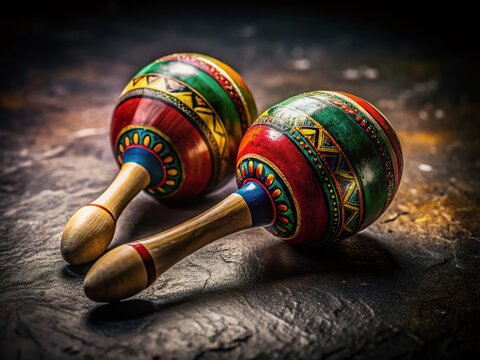 Vibrant Maracas Duo: A colorful pair of traditional maracas rests on a textured surface, their intricate patterns and bright hues evoking a sense of festive rhythm and cultural celebration.