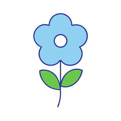 A Simple Cartoon Drawing of a Blue Flower with Green Leaves and a Stem