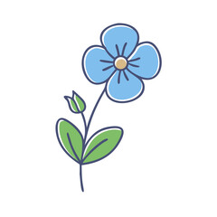 A Simple Drawing of a Light Blue Flower with Green Leaves and Stem