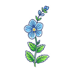 A Delicate Drawing of a Single Blue Flower with Green Leaves and Stem
