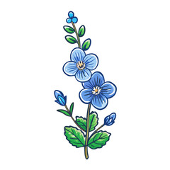 A delightful illustration of blue flowers and green leaves on a single stem