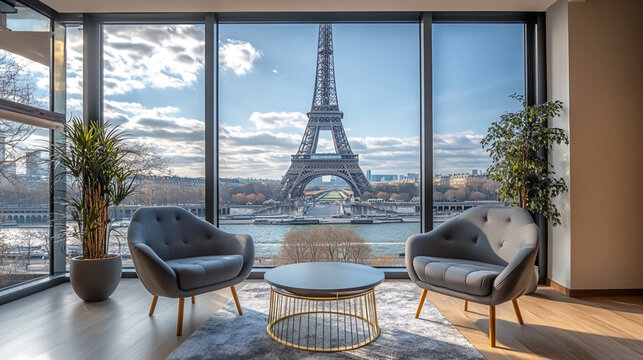 Modern lounge with grey chairs and coffee table overlooking the Eiffel Tower and river through large windows. Close-up