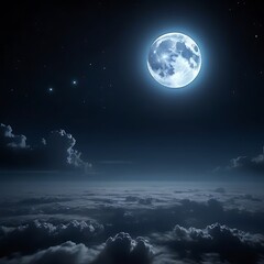 Fototapeta premium Full moon shining brightly in a night sky, positioned above a layer of clouds.