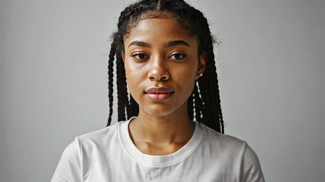 A young woman with cornrow braids poses wearing a casual white t-shirt, showing her natural beauty and confident expression against a neutral background
