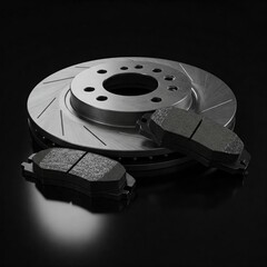 new car brake rotors and brake pads on a black background